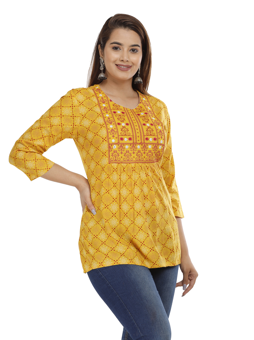 Yellow Printed Sequinned Pure Cotton Kurti – Jaipur Morni